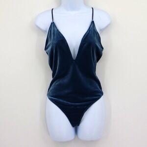 Express Velvet Deep V-Neck Spaghetti Strap Bodysuit - Teal Blue